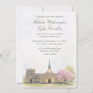 Watercolor Stone Chapel Spring Wedding Photo Invitation