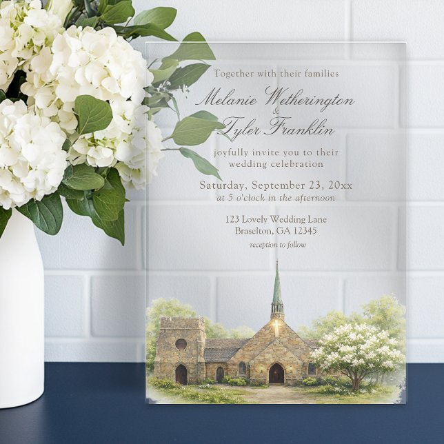Watercolor Stone Chapel Summer Wedding Acrylic Invitations (summer frost chapel, stone chapel acrylic wedding invite)