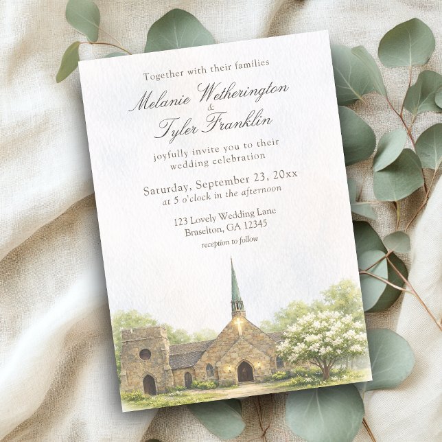 Watercolor Stone Chapel Summer Wedding Invitation (Frost chapel summer wedding invite, watercolor stone chapel)