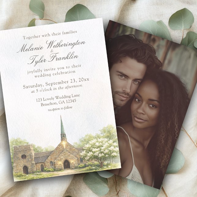 Watercolor Stone Chapel Wedding Photo Invitation (Creator Uploaded)
