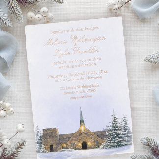 Watercolor Stone Chapel Winter Wedding Invitation