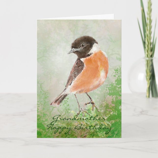 Watercolor Stonechat  Bird Happy Birthday Grandma Card (Front)
