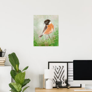 Watercolor Stonechat Bird  Nature Art Poster