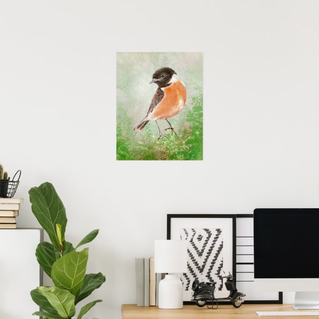 Watercolor Stonechat Bird  Nature Art Poster (Home Office)