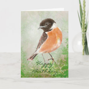 Watercolor Stonechat  Happy Birthday, Bird Card