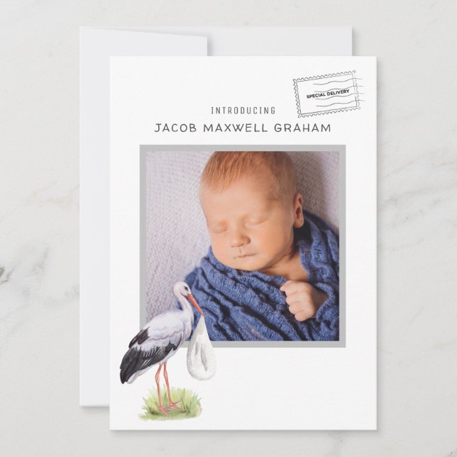 Watercolor Stork | Double Sided Birth Announcement (Front)