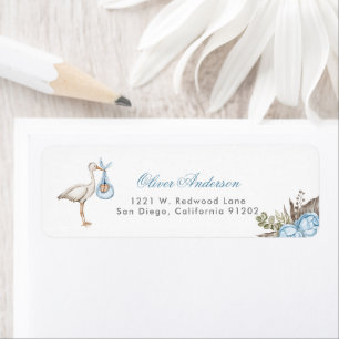 watercolor Stork floral boy Baby Shower adress Return Address Label
