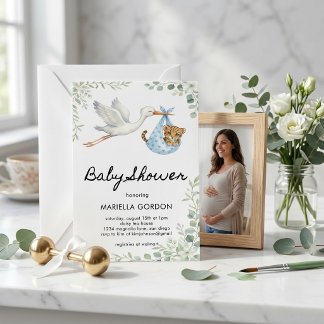 Watercolor Stork Leopard Greenery Baby Boy Invitation