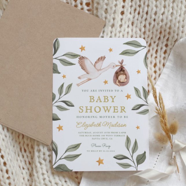 Watercolor Stork Stars Greenery Baby Shower Invitation (Creator Uploaded)