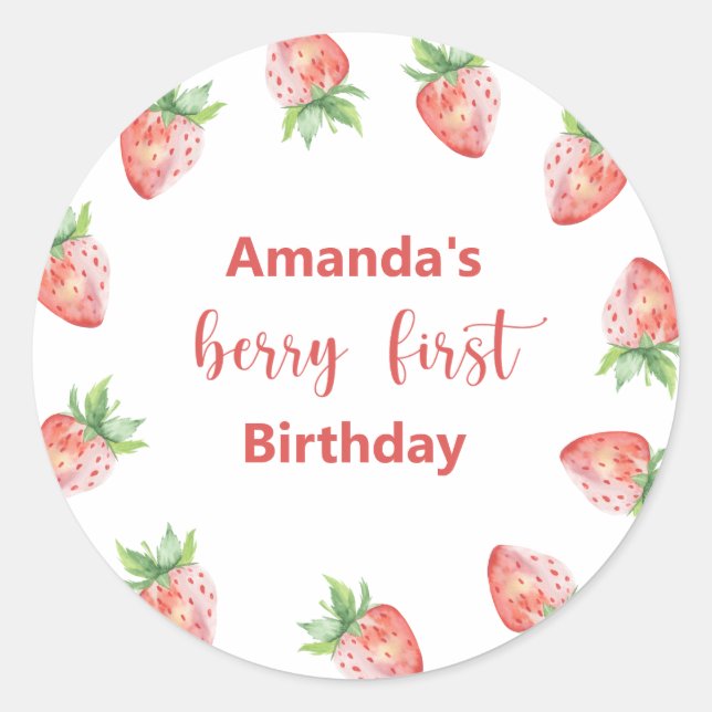 Watercolor strawberries 1st birthday party classic round sticker (Front)