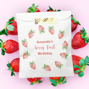 Watercolor strawberries 1st birthday party favour bag