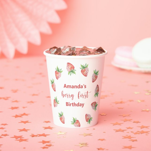 Watercolor strawberries 1st birthday party paper cups (Insitu)