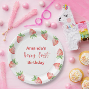Watercolor strawberries 1st birthday party paper plate