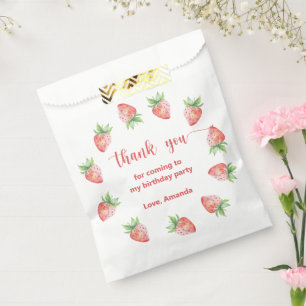 Watercolor strawberries 1st birthday thank you favour bag