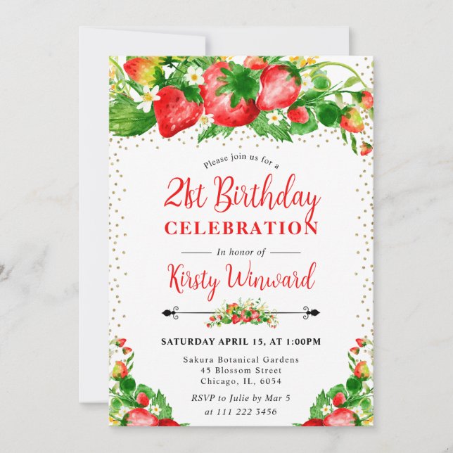 Watercolor Strawberries and Flowers 21st birthday Invitation (Front)