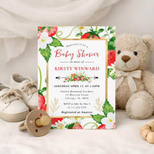 Watercolor Strawberries and Flowers Baby Shower Invitation