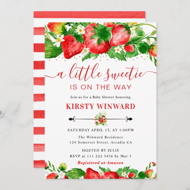 Watercolor Strawberries and Flowers Baby Shower Invitation (Front/Back)