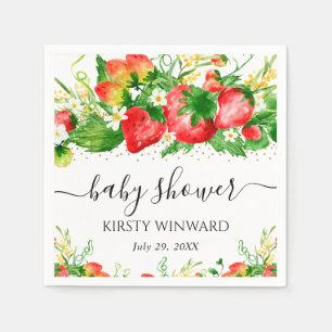 Watercolor Strawberries and Flowers Baby Shower Napkin