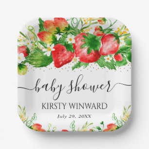 Watercolor Strawberries and Flowers Baby Shower Paper Plate