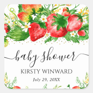 Watercolor Strawberries and Flowers Baby Shower Square Sticker