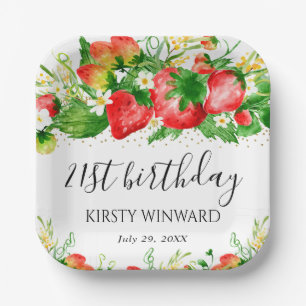Watercolor Strawberries and Flowers Birthday Paper Plate