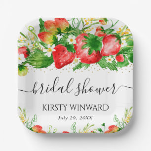 Watercolor Strawberries and Flowers Bridal Shower Paper Plate