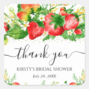 Watercolor Strawberries and Flowers Bridal Shower Square Sticker
