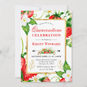 Watercolor Strawberries and Flowers Quinceanera Invitation