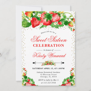 Watercolor Strawberries and Flowers Sweet 16 Invitation