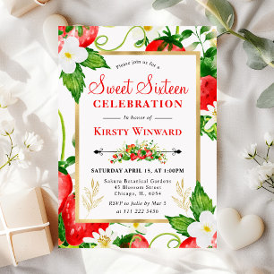 Watercolor Strawberries and Flowers Sweet 16 Invitation