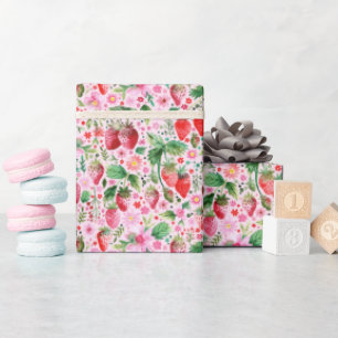 Watercolor Strawberries and Pink Florals Wrapping Paper