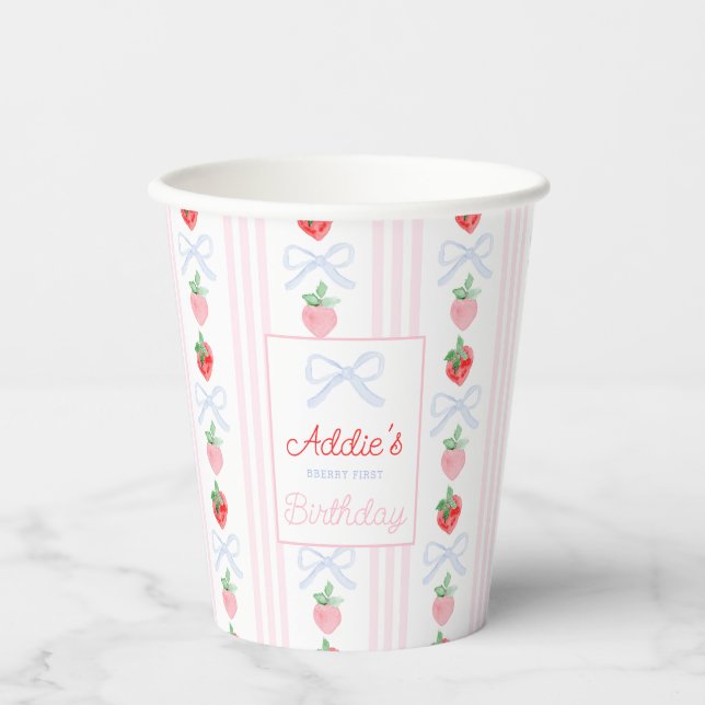 Watercolor strawberries berry first birthday paper cups (Front)
