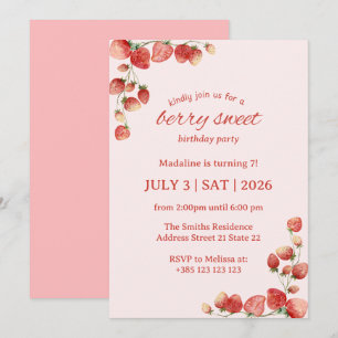 Watercolor Strawberries Birthday Party Invitation 