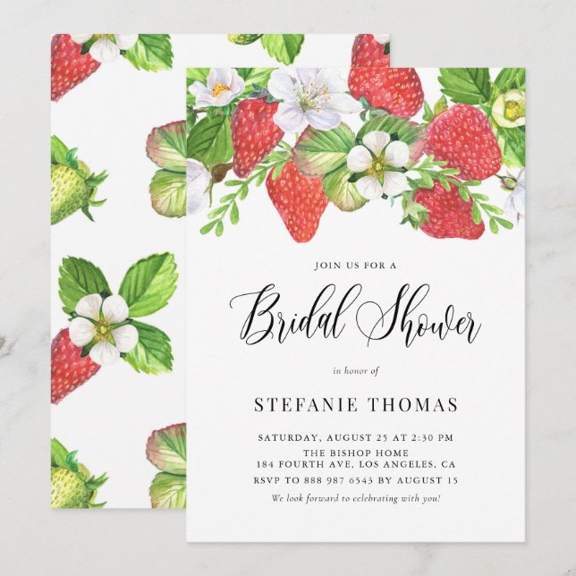 Watercolor Strawberries Botanical Bridal Shower Invitation (Front/Back)