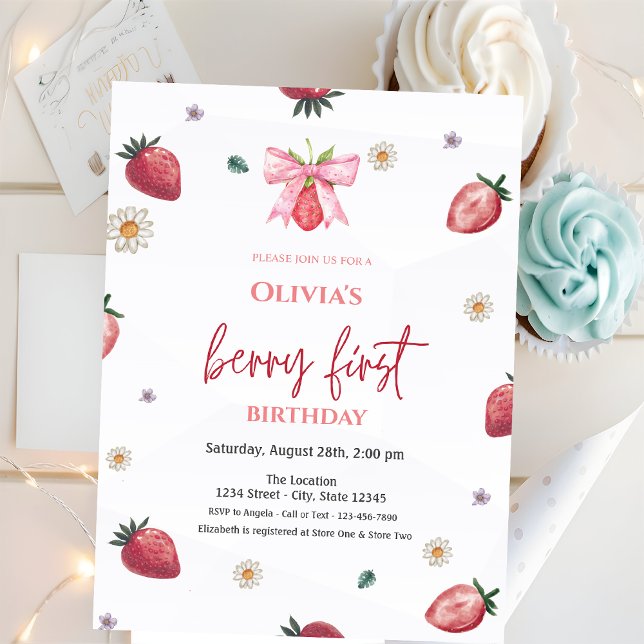 Watercolor Strawberries Bow Pink 1st Birthday Invitation (Creator Uploaded)