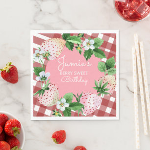 Watercolor Strawberries First Birthday Plaid Napkin