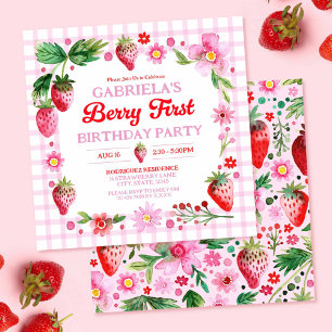 Watercolor Strawberries Girl 1st Birthday Invitation
