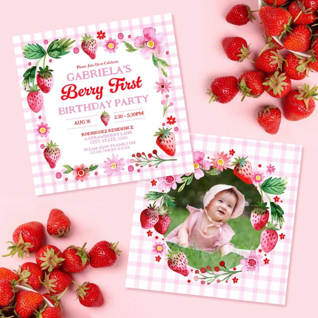 Watercolor Strawberries Girl 1st Birthday Photo Invitation (Watercolor Strawberries Girl 1st Birthday Photo Invitation)