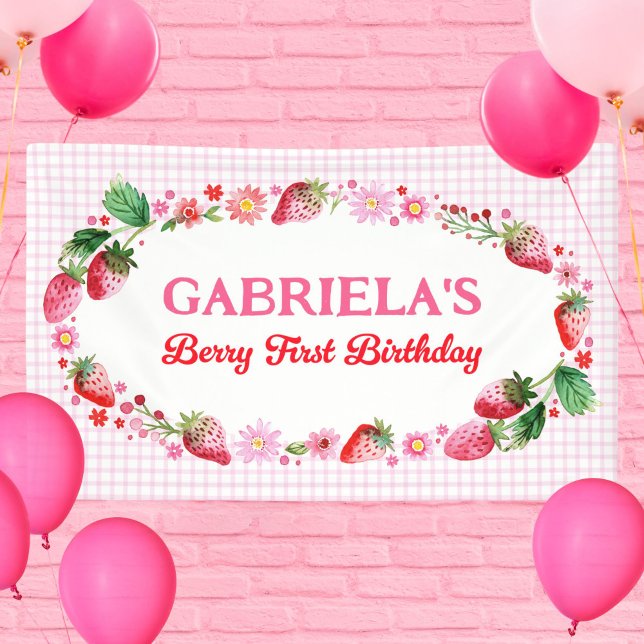 Watercolor Strawberries Girl's Berry 1st Birthday Banner (Watercolor Strawberries Girl's Berry 1st Birthday Banner)