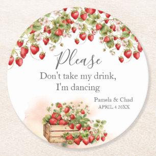Watercolor Strawberries I'm Dancing Round Paper Coaster