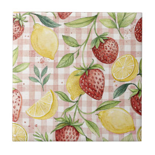 Watercolor Strawberries & Lemons on Blush Plaid Ceramic Tile