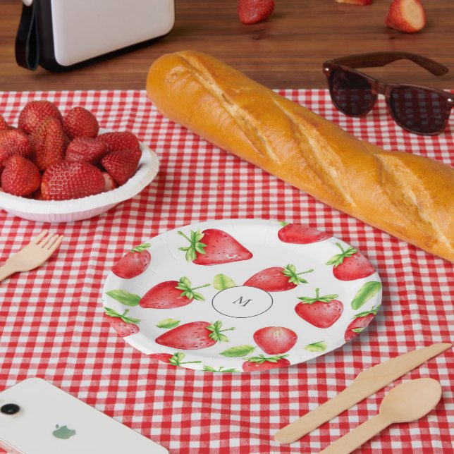 Watercolor strawberries modern summer monogrammed paper plate (Picnic)