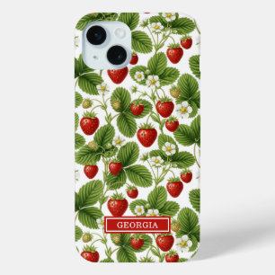 Watercolor Strawberries Monogrammed iPhone 15 Mini Case