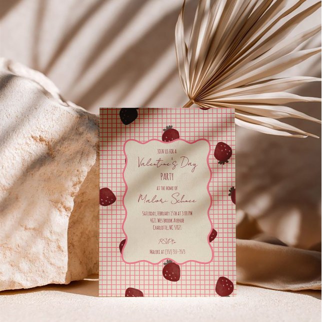 Watercolor Strawberries on Pink Grid- Valentine Invitation (Creator Uploaded)