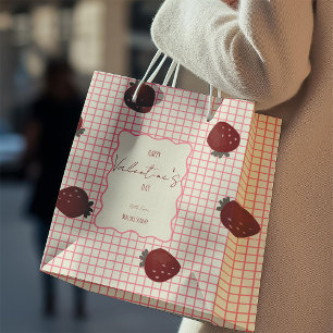 Watercolor Strawberries on Pink Grid- Valentine Medium Gift Bag