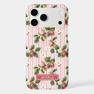 Watercolor Strawberries On Pink Stripes
