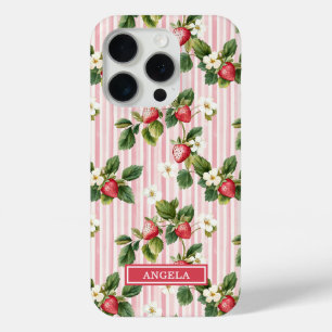 Watercolor Strawberries On Pink Stripes iPhone 15 Pro Case