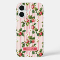 Watercolor Strawberries On Pink Stripes