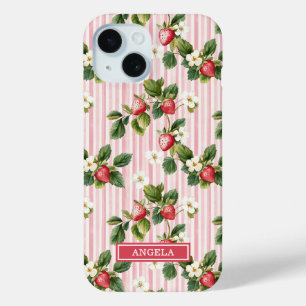 Watercolor Strawberries On Pink Stripes iPhone 15 Case