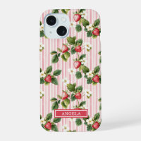 Watercolor Strawberries On Pink Stripes